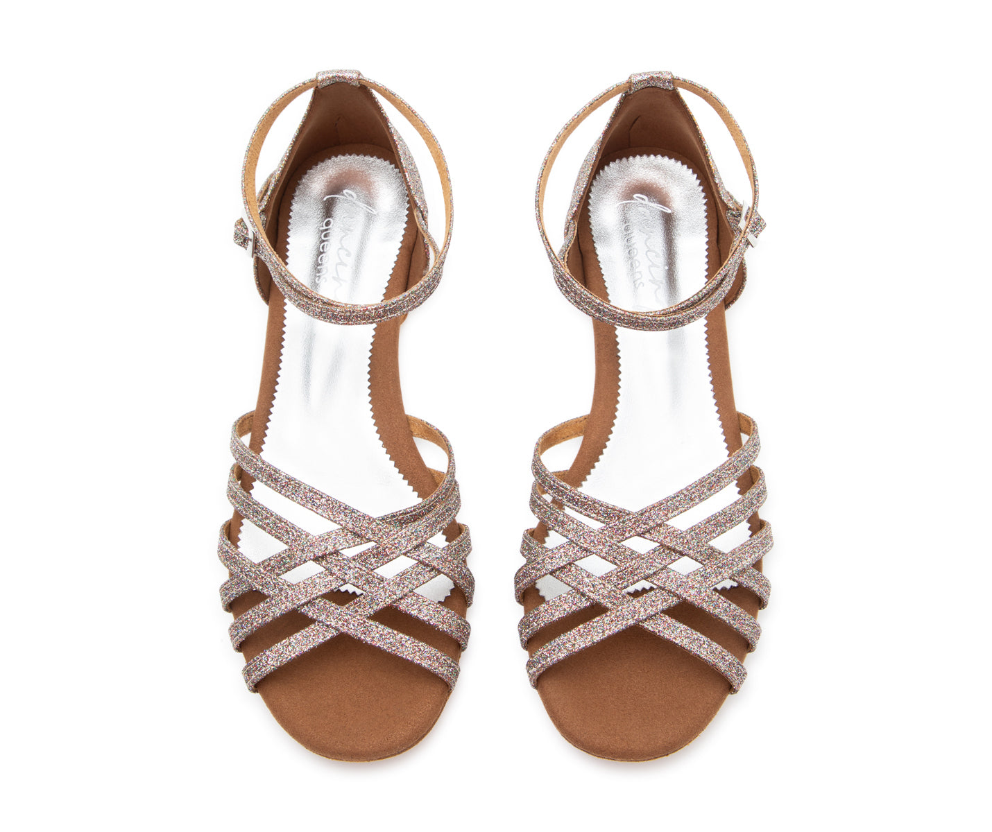 Draufsicht der flachen Tanzschuhe DQ02 von Dancing Queens in Multiglitter mit Knöchelriemen auf weißem Hintergrund.